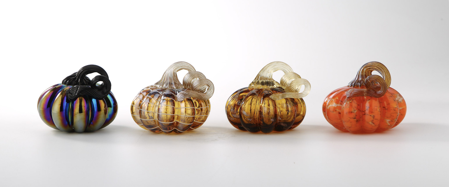 D3.5"H3.5" - SET OF 4 GLASS PUMPKINS WITH CURLY STEM
