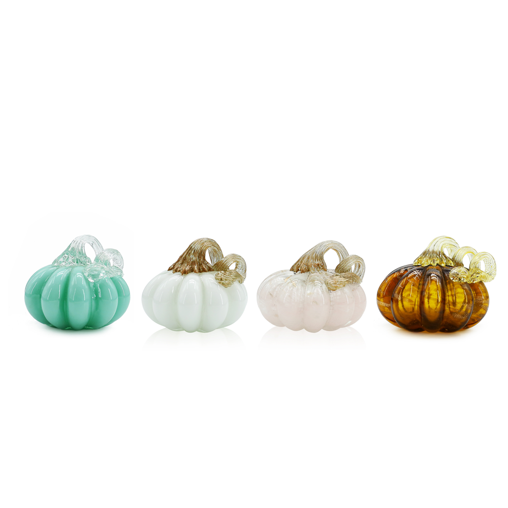 49633ASST	 D3.5"H3.5" - SET OF 4 GLASS PUMPKINS WITH CURLY STEM
