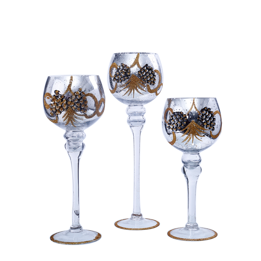 54039	 D4.9"H11.8/13.8/15.7" - GLASS CANDLEHOLDER SET WITH PINECONE