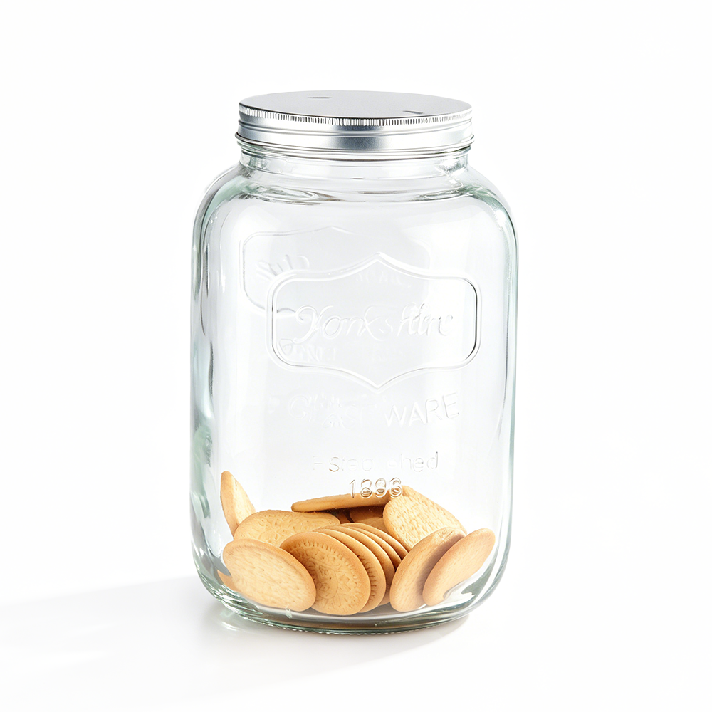 58047	 L7.5"W7.5"H12" - GLASS APOTHECARY JAR WITH METAL LID