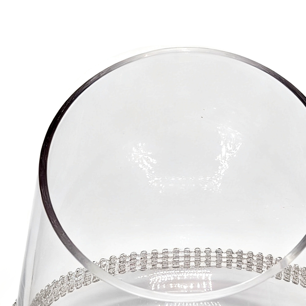 64069BD	 D8"H7.5" - GLASS CANDLEHOLDER WITH RHINESTONES STRIPE