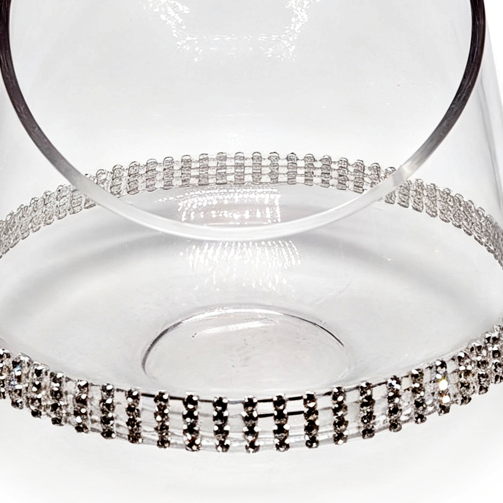 64069BD	 D8"H7.5" - GLASS CANDLEHOLDER WITH RHINESTONES STRIPE