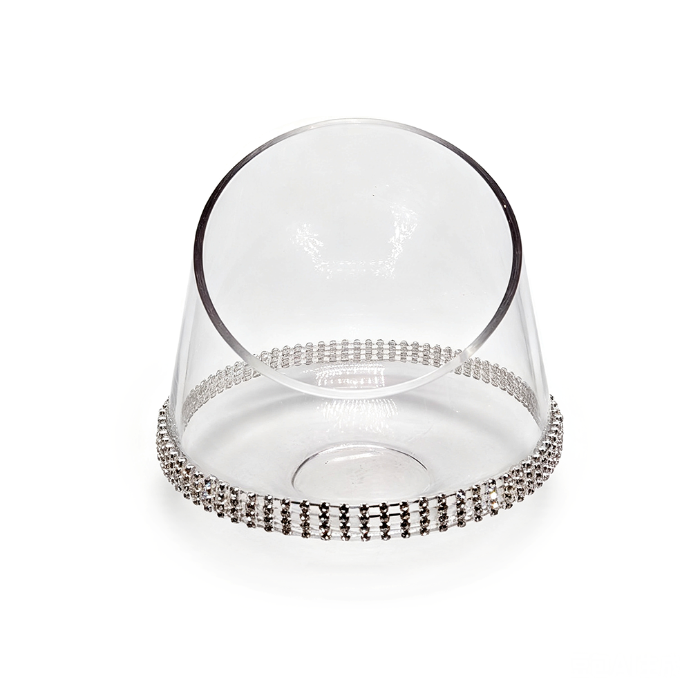 64069BD	 D8"H7.5" - GLASS CANDLEHOLDER WITH RHINESTONES STRIPE