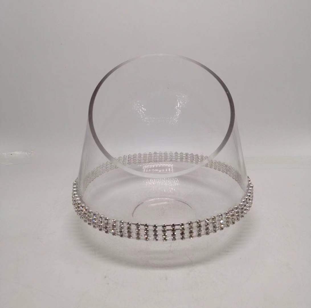 D8"H7.5" - GLASS CANDLEHOLDER WITH RHINESTONES STRIPE