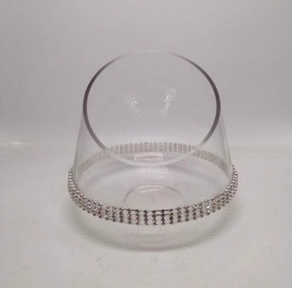 D8"H7.5" - GLASS CANDLEHOLDER WITH RHINESTONES STRIPE