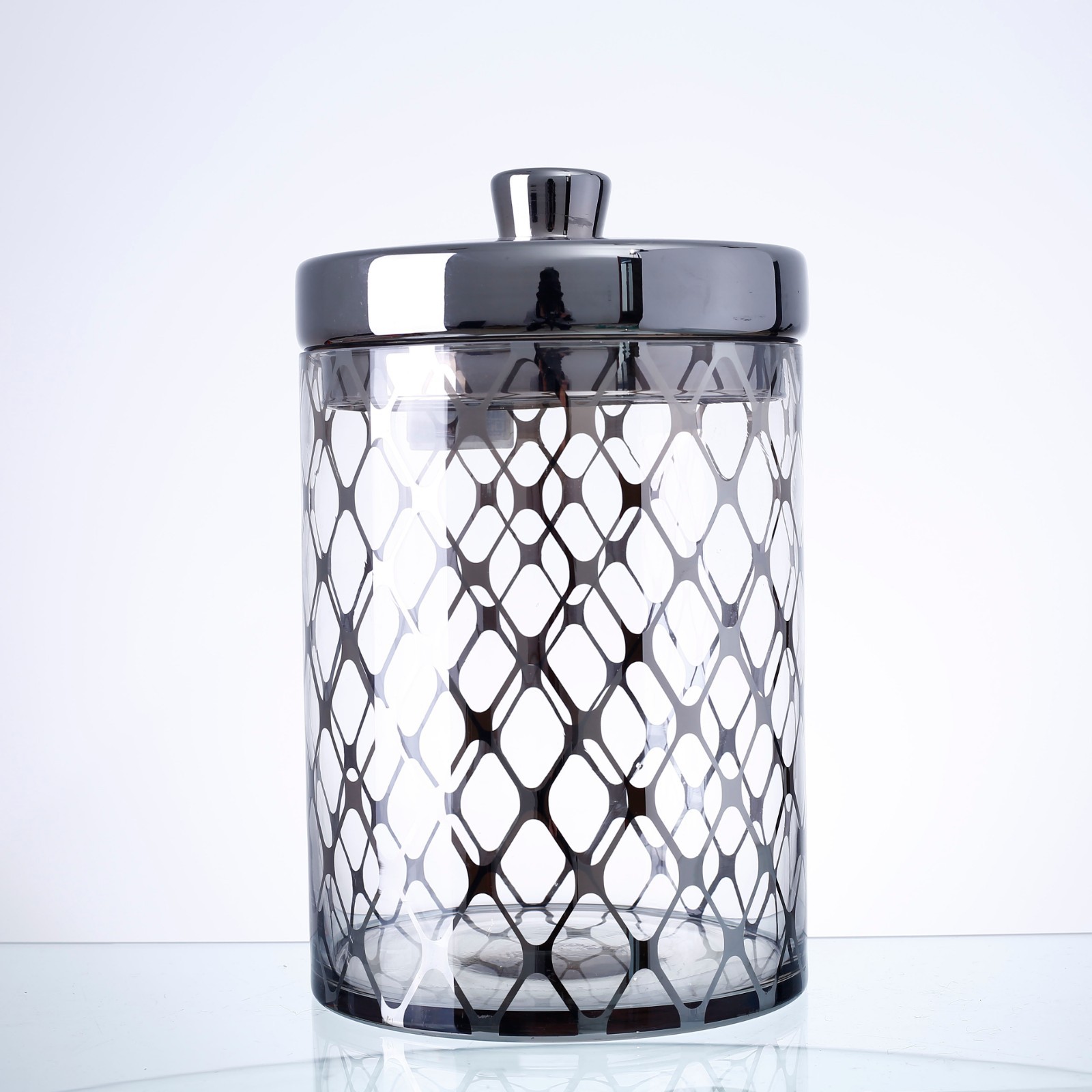 D6.5"H10" - CLEAR AND SILVER GLASS APOTHECARY JAR WITH LID