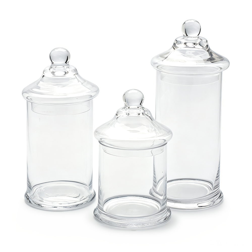 74003	 D5"H11/8.5/7.5" - SET OF 3 GLASS APOTHECARY JARS WITH LID