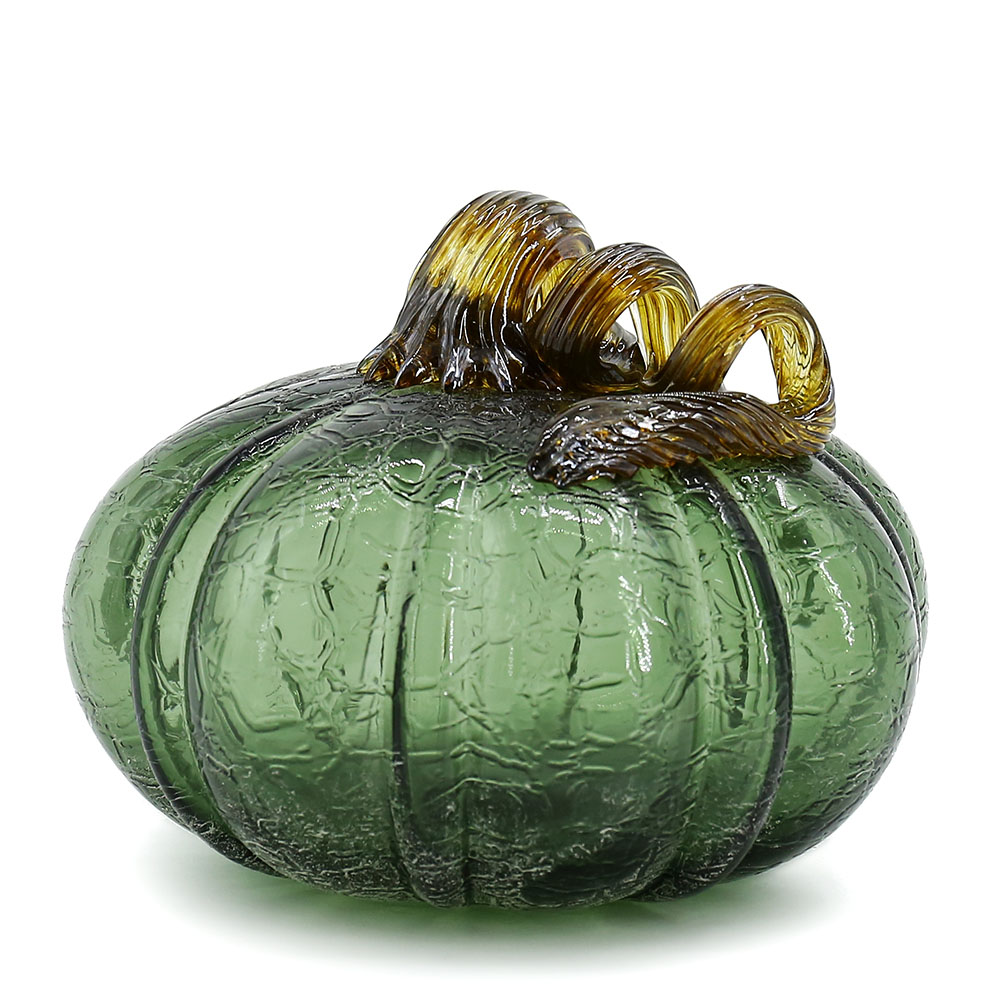 79470	 L7.1"W7.1"H5.9" - CRACKLE GLASS PUMPKIN WITH CURLY STEM