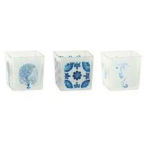 L3"W3"H3" - SET OF 3 GLASS SQUARES WITH COASTAL DESIGN