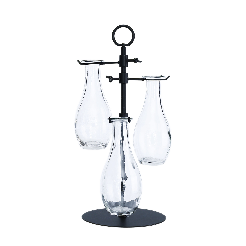D6.5"H13.5" - HANGING GLASS BOTTLE TRIO WITH METAL STAND