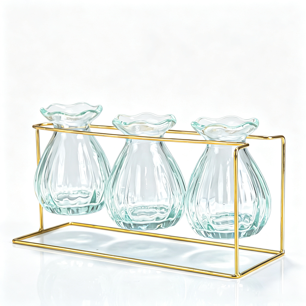 94330	 L8.7W3.3H4.5" - SET OF 3 GLASS VASES WITH METAL FRAME