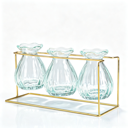 94330	 L8.7W3.3H4.5" - SET OF 3 GLASS VASES WITH METAL FRAME