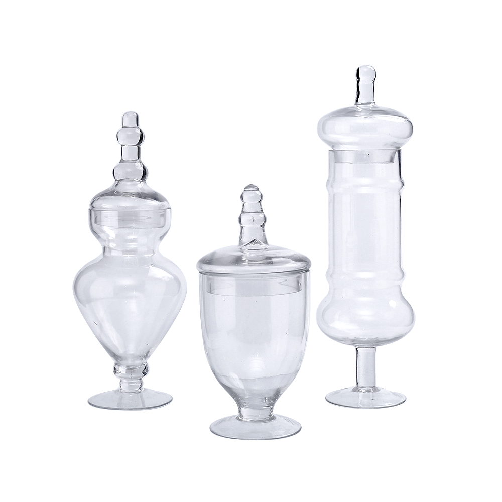 A40021	 D4.5"H9"/12.5"/14" - SET OF 3 GLASS APOTHECARY JARS WITH LID