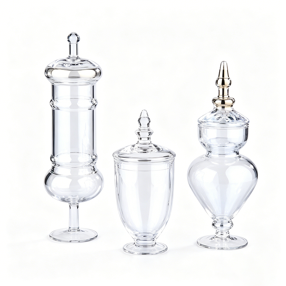 A40022	 D4.5"H9"/12.5"/14" - SET OF 3 GLASS APOTHECARY JARS WITH LID