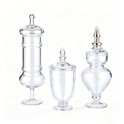 A40022	 D4.5"H9"/12.5"/14" - SET OF 3 GLASS APOTHECARY JARS WITH LID