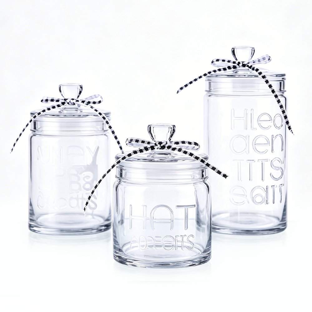 A54034	 *D4.3"H5.9"/7.5"/9.8" - 3 CAT TREAT GLASS APOTHECARY JARS WI