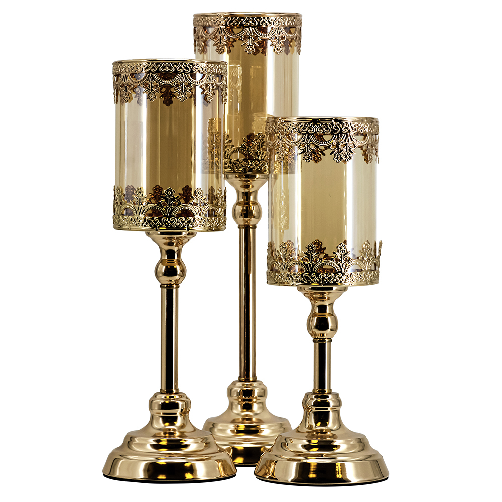 D4.9"H13/15/17" - SET OF 3 METAL GLASS CANDLE HOLDERS