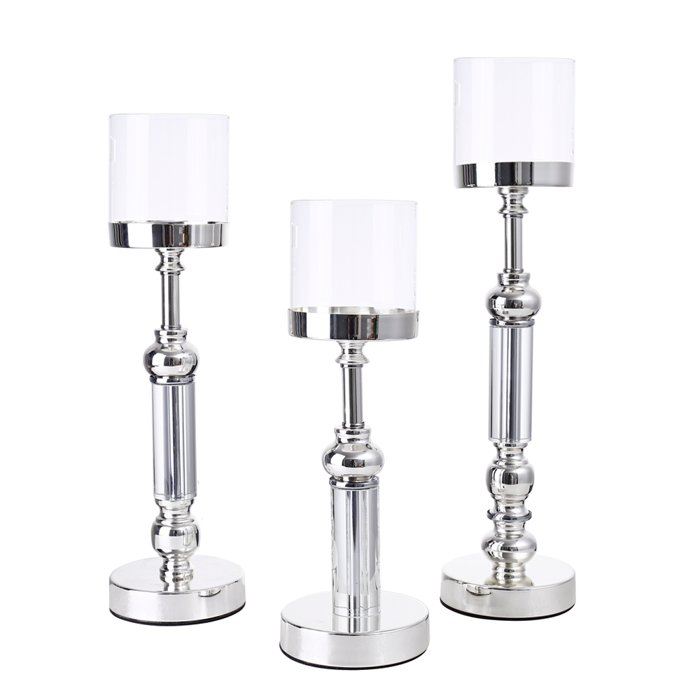 M20022S	 D4.7H13/15.7" - SET OF 3 METAL GLASS CANDLE HOLDERS