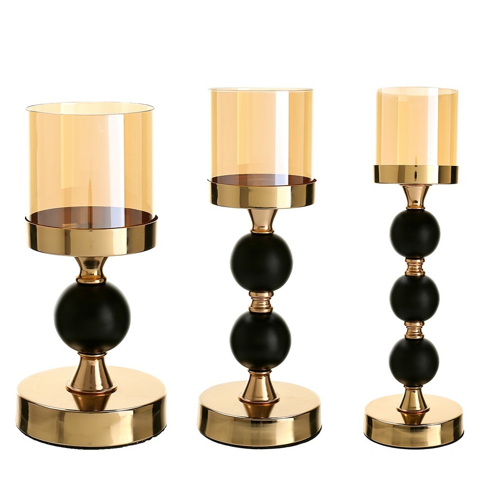 D4.7H9.8/13/16" - SET OF 3 METAL AND GLASS CANDLE HOLDER