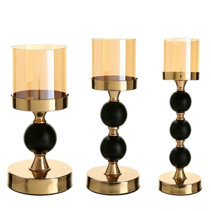 D4.7H9.8/13/16" - SET OF 3 METAL AND GLASS CANDLE HOLDER