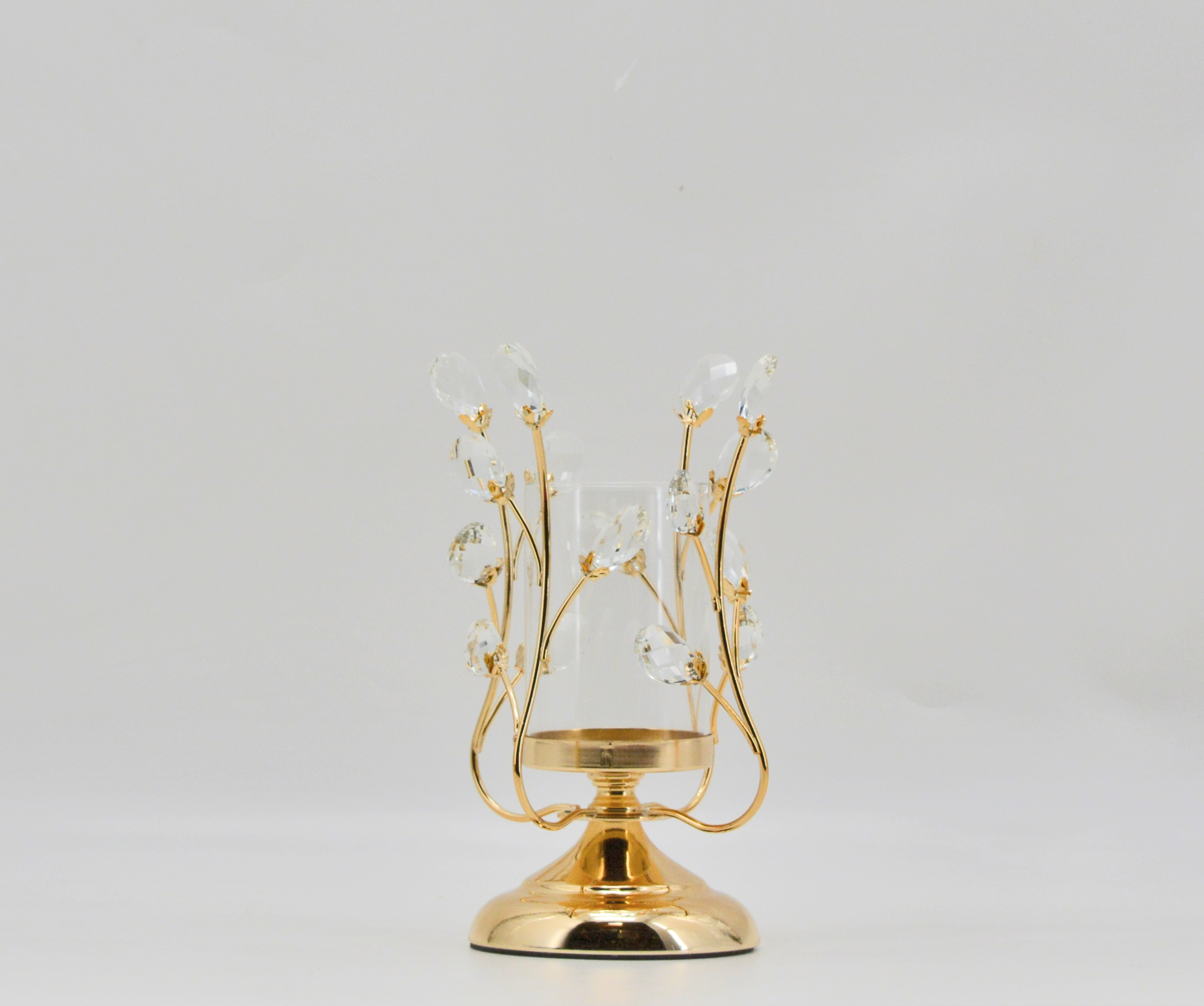 L7.1W7.1H10.6" - CRYSTAL METAL CANDLE HOLDER