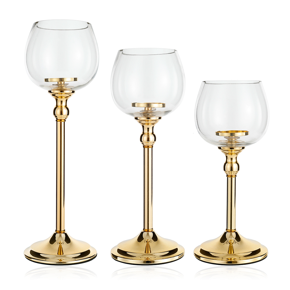 D5.3"H12/14/16" - SET OF 3 GOLD METAL CLEAR GLASS CANDLE HOL