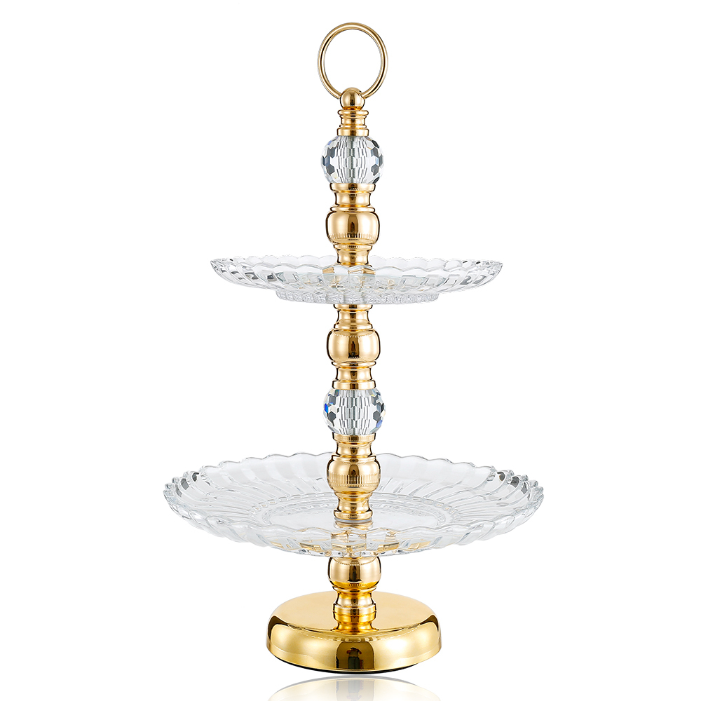 D11.8"H19.7" - 2 TIER GLASS SERVING TRAY SET WITH METAL BASE