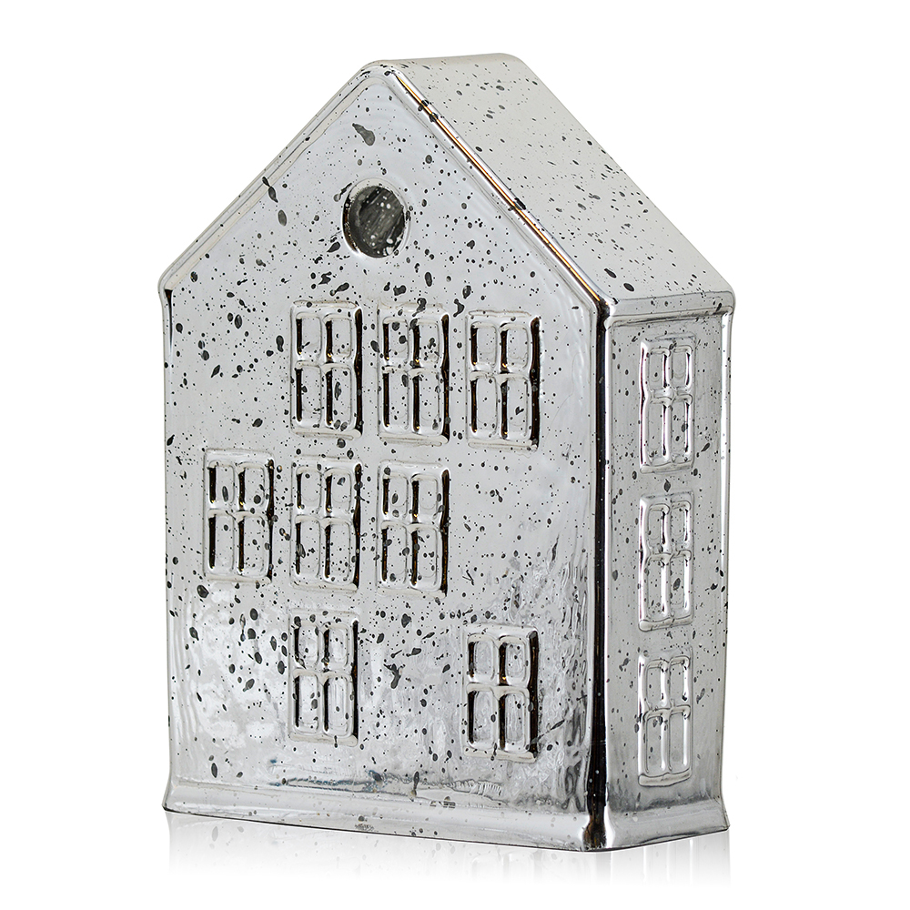 54143S	 L5.9"W2.4"H7.9" - MERCURY GLASS VILLAGE HOUSE