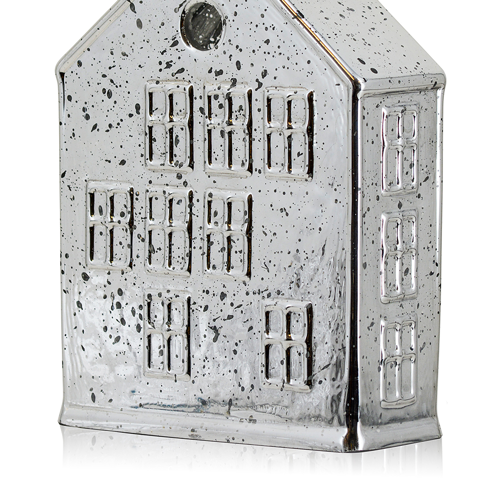54143S	 L5.9"W2.4"H7.9" - MERCURY GLASS VILLAGE HOUSE