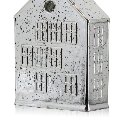 54143S	 L5.9"W2.4"H7.9" - MERCURY GLASS VILLAGE HOUSE