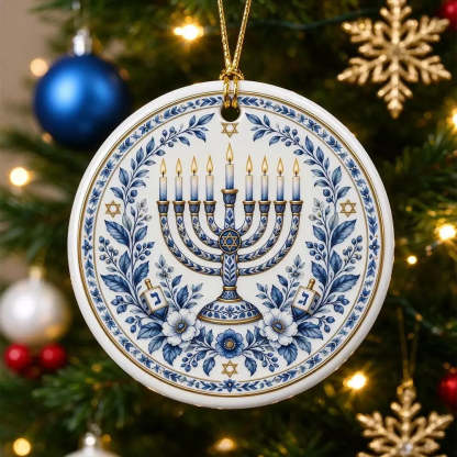 Detailed blue floral pattern and menorah illustration on a Hanukkah ornament