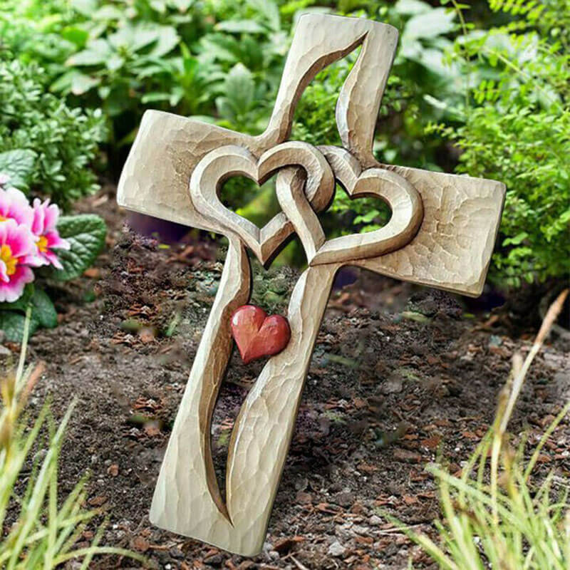 Carved Wooden Cross - Intertwined Hearts-Jolura