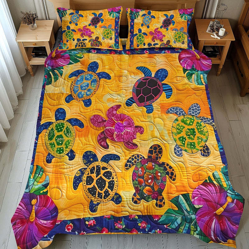 Hibiscus Turtle 3-Piece Quilted Bedding Set-Jolura