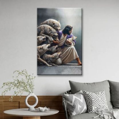 Jesus Guards the Lamb Against Wolves - D377 - Gallery Wrapped Canvas Prints