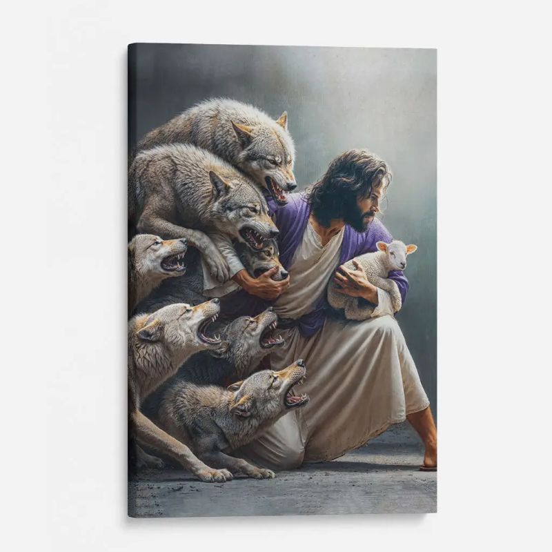 Jesus Guards the Lamb Against Wolves - D377 - Gallery Wrapped Canvas Prints