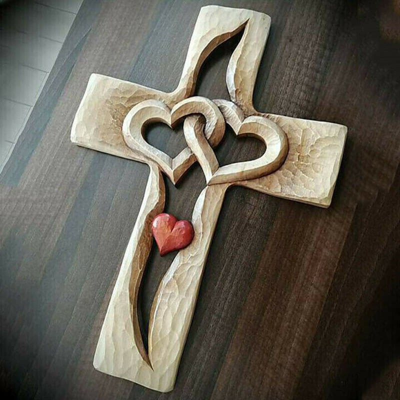 Carved Wooden Cross - Intertwined Hearts-Jolura