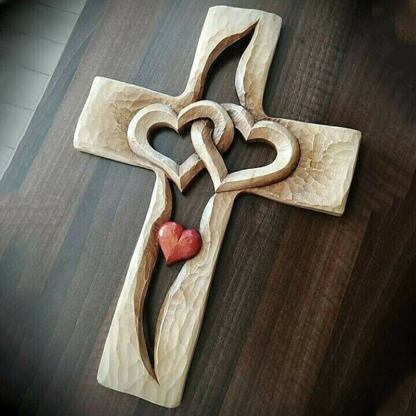 Carved Wooden Cross - Intertwined Hearts-Jolura