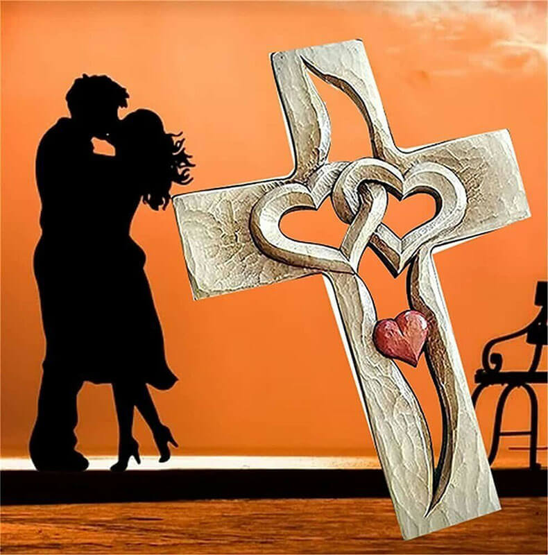 Carved Wooden Cross - Intertwined Hearts-Jolura