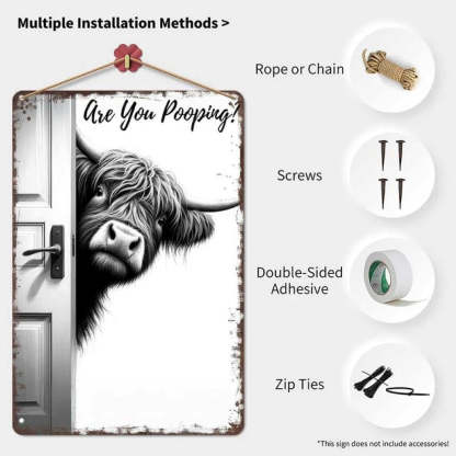 Vintage Highland Cow Metal Sign – Funny"Are You P**ping?" Wall Decor