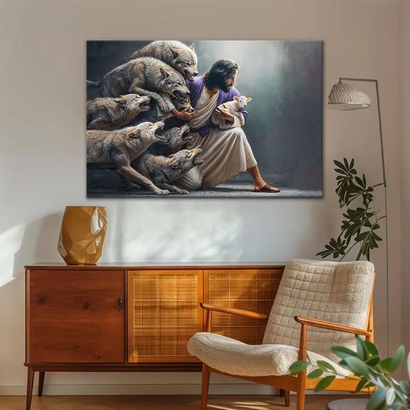 Jesus Guards the Lamb Against Wolves - D377 - Gallery Wrapped Canvas Prints