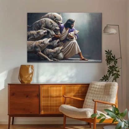 Jesus Guards the Lamb Against Wolves - D377 - Gallery Wrapped Canvas Prints