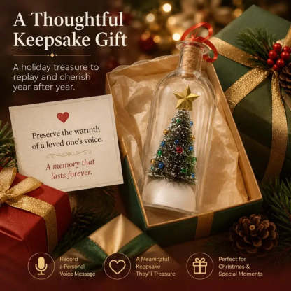 A holiday-themed gift presentation featuring a glass keepsake bottle with a miniature decorated Christmas tree and gold star, shown inside an open green gift box. Surrounding it are wrapped presents, pine branches, and warm holiday lights, with promotional text reading 'A Thoughtful Keepsake Gift' and feature icons at the bottom.