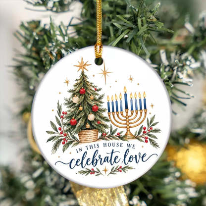Ceramic holiday ornament celebrating Christmas and Hanukkah