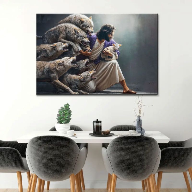 Jesus Guards the Lamb Against Wolves - D377 - Gallery Wrapped Canvas Prints