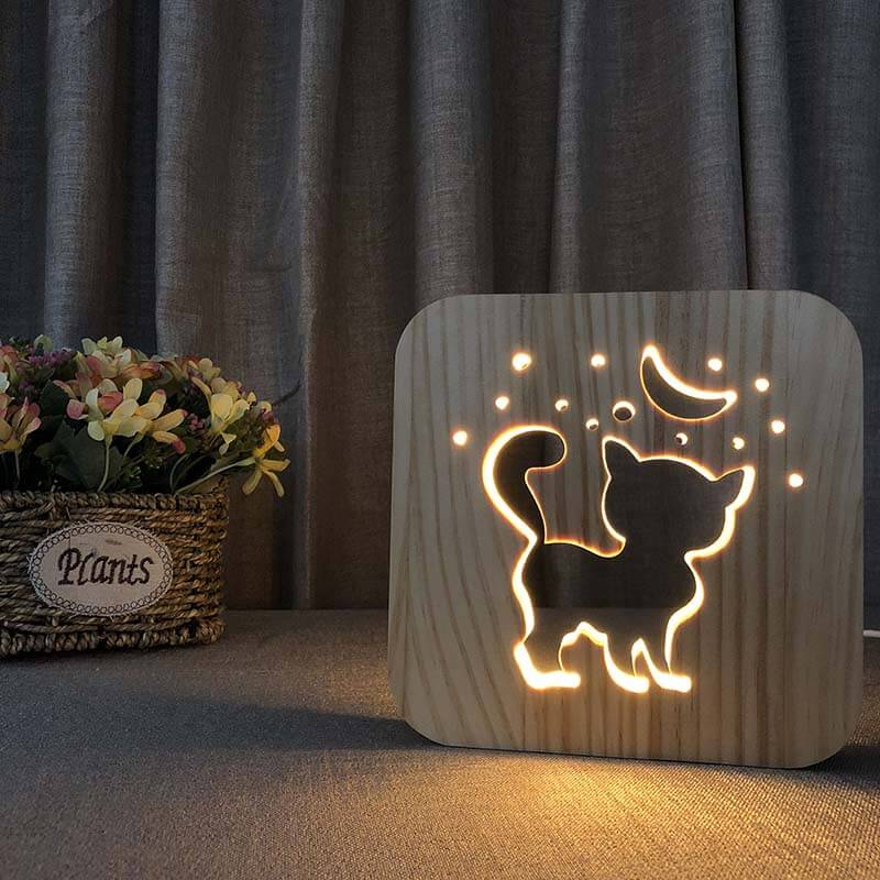 Moon Kitten Wooden Decorative Light-Jolura