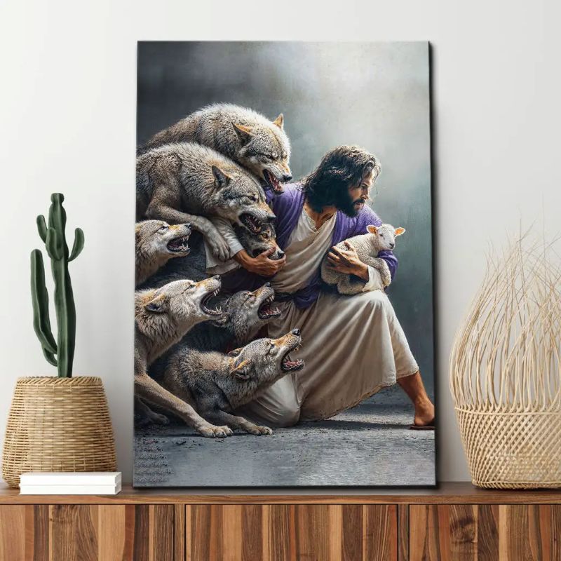 Jesus Guards the Lamb Against Wolves - D377 - Gallery Wrapped Canvas Prints