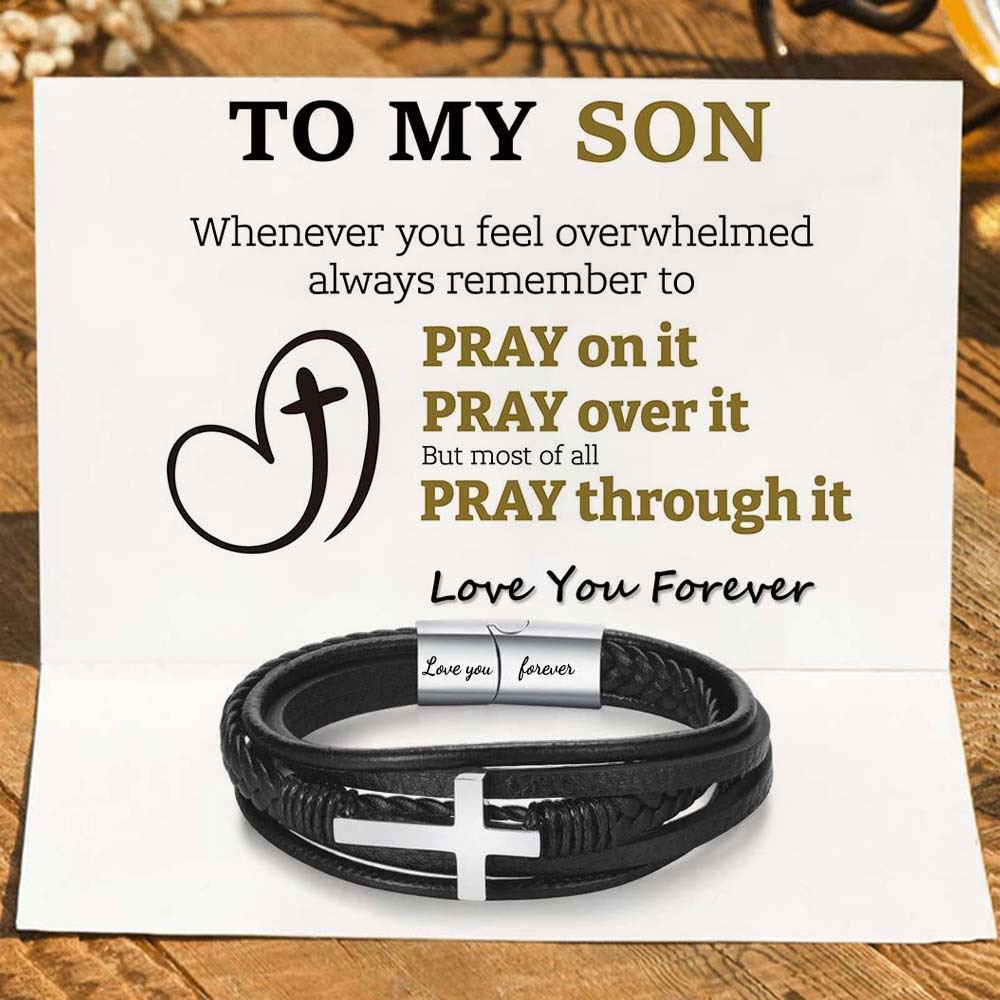 To My Son Pray Through It Leather Cross Bracelet - Card030-Jolura