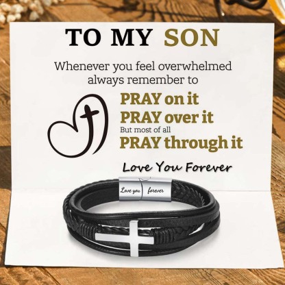 To My Son Pray Through It Leather Cross Bracelet - Card030-Jolura