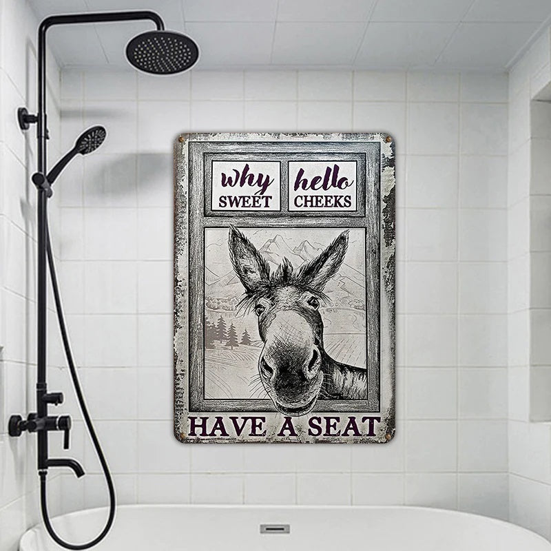 Donkey Metal Sign, Donkey Black White Hello Sweet Cheeks Metal Signs-Jolura