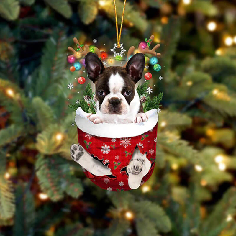 Boston Terrier In Snow Pocket Christmas Ornament SP007-Jolura